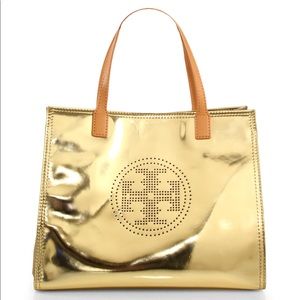 Tory Burch Perforated Logo Gold Leather Tote